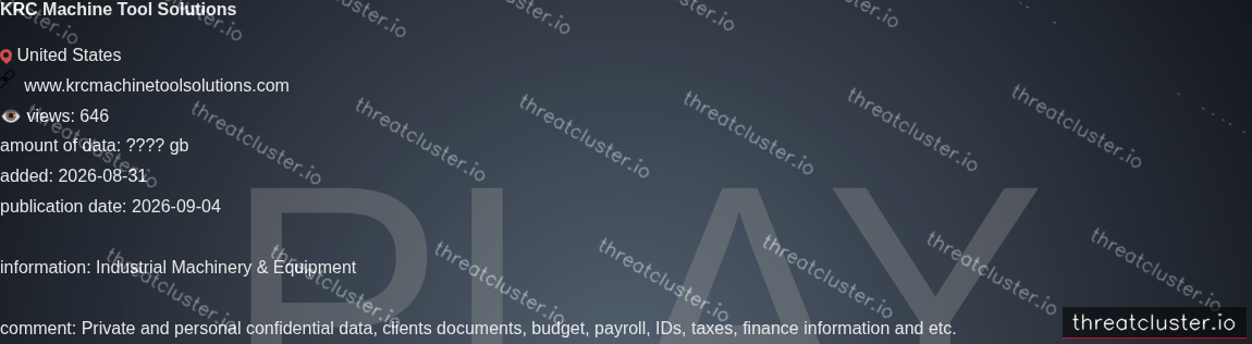 Leak-site post naming KRC Machine Tool Solutions, captured by ThreatCluster