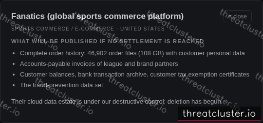 Leak-site post naming Fanatics (global sports commerce platform), captured by ThreatCluster