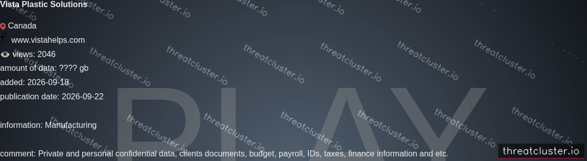 Leak-site post naming Vista Plastic Solutions, captured by ThreatCluster