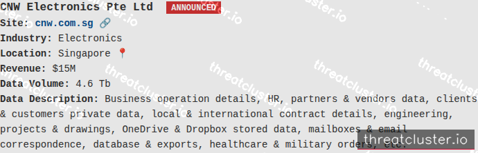 Leak-site post naming CNW Electronics Pte Ltd, captured by ThreatCluster