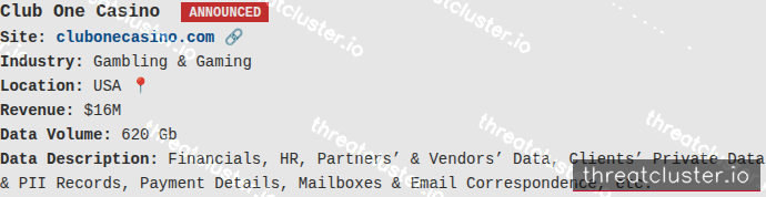 Leak-site post naming Club One Casino, captured by ThreatCluster