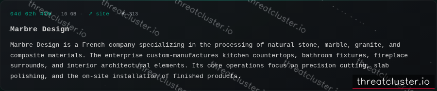 Leak-site post naming Marbre Design, captured by ThreatCluster