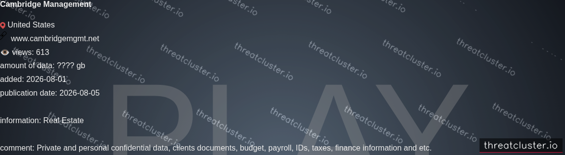 Leak-site post naming Cambridge Management, captured by ThreatCluster
