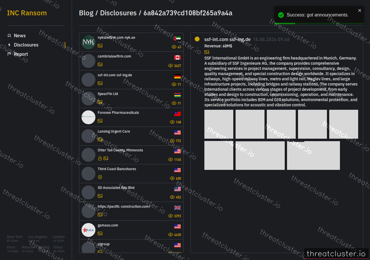Leak-site post naming ssf-int.com ssf-ing.de, captured by ThreatCluster