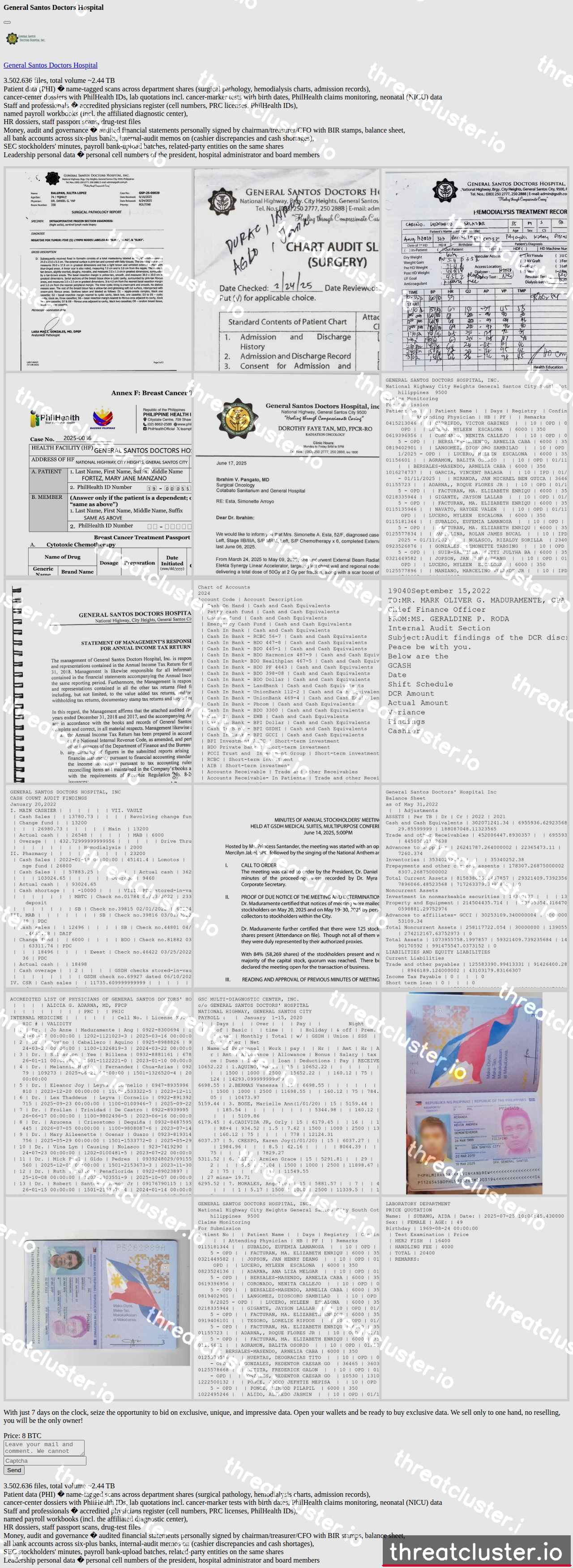 Leak-site post naming General Santos Doctors Hospital, captured by ThreatCluster