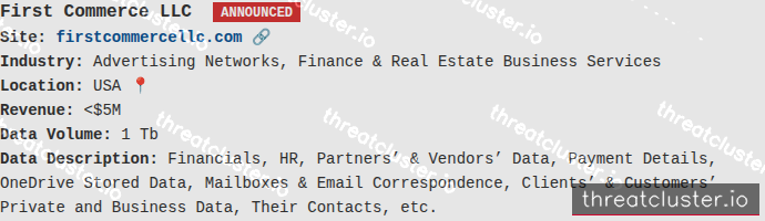 Leak-site post naming First Commerce LLC, captured by ThreatCluster