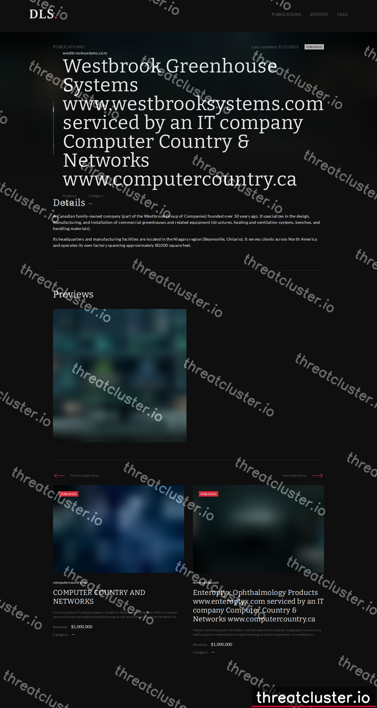 Leak-site post naming Westbrook Greenhouse Systems www.westbrooksystems.com serviced by an IT company Computer C..., captured by ThreatCluster