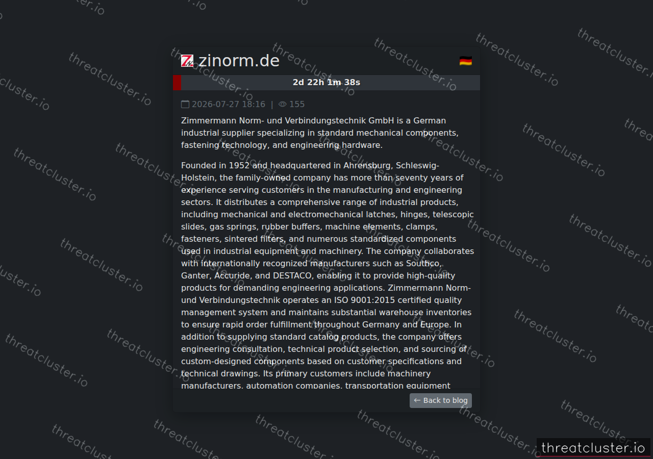 Leak-site post naming zinorm.de, captured by ThreatCluster