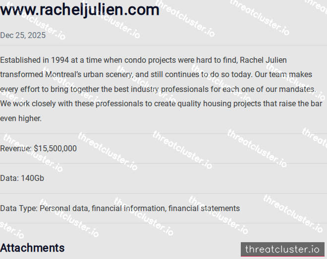 Leak-site post naming www.racheljulien.com, captured by ThreatCluster