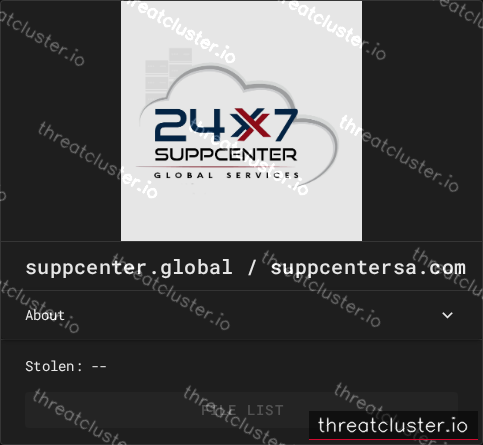 Leak-site post naming suppcenter.global / suppcentersa.com, captured by ThreatCluster