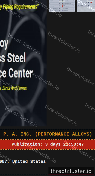 Leak-site post naming P. A. Inc. (Performance Alloys), captured by ThreatCluster