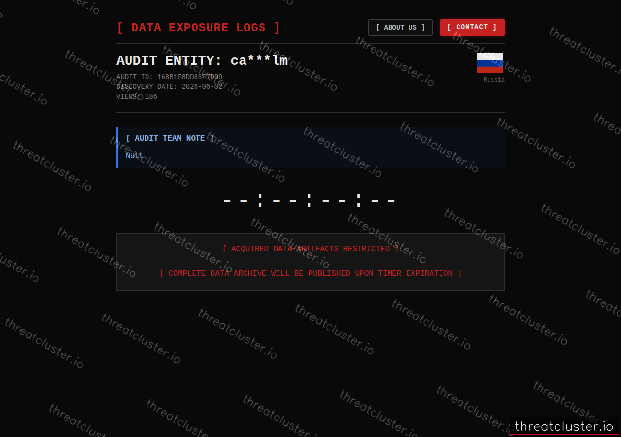 Leak-site post naming ca***lm, captured by ThreatCluster