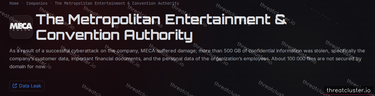 Leak-site post naming The Metropolitan Entertainment & Convention Authority, captured by ThreatCluster