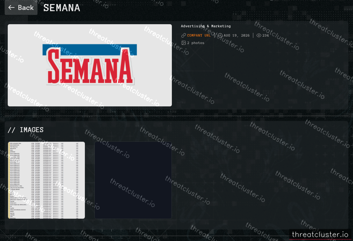 Leak-site post naming Semana, captured by ThreatCluster