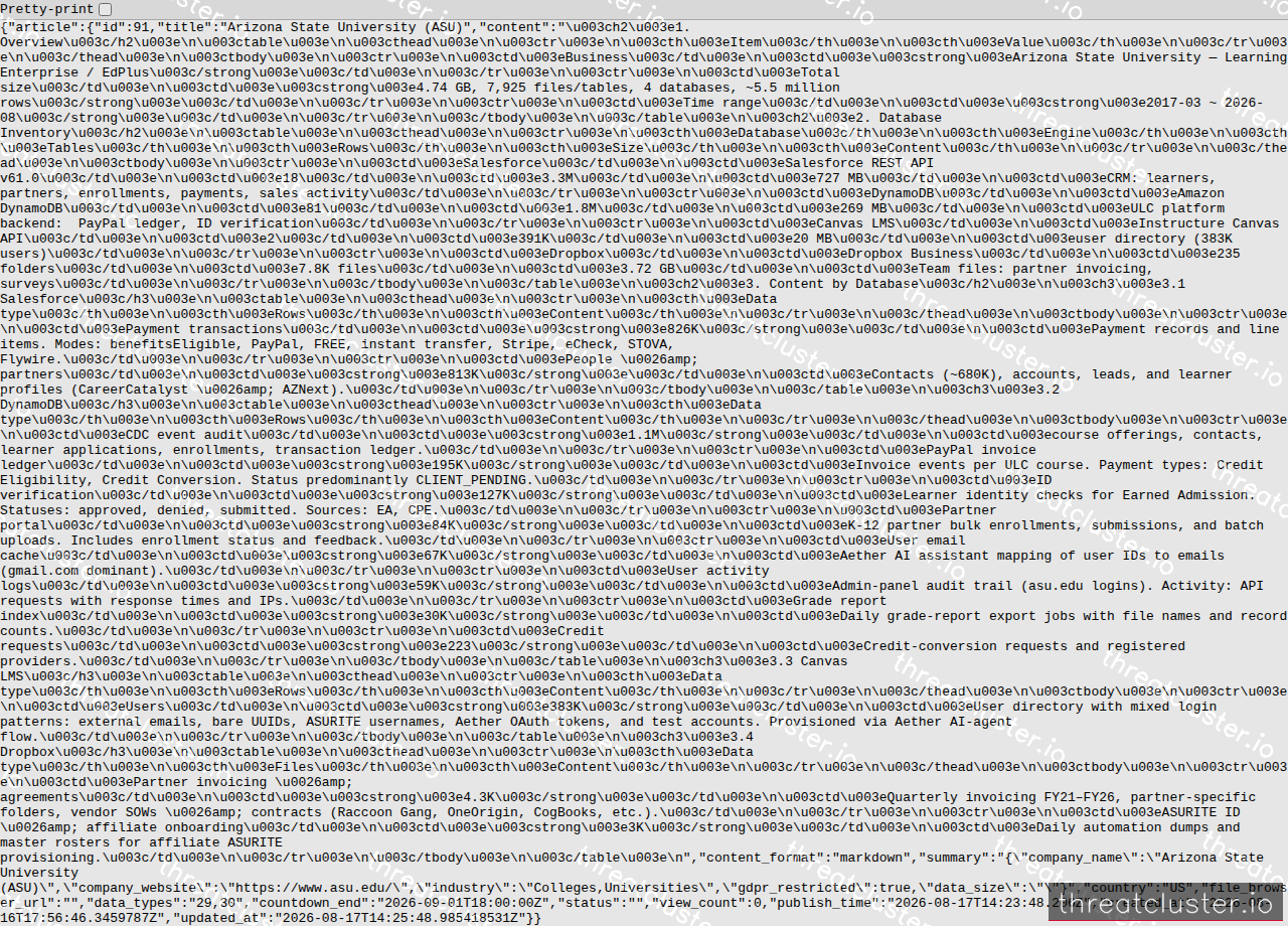 Leak-site post naming Arizona State University (ASU), captured by ThreatCluster
