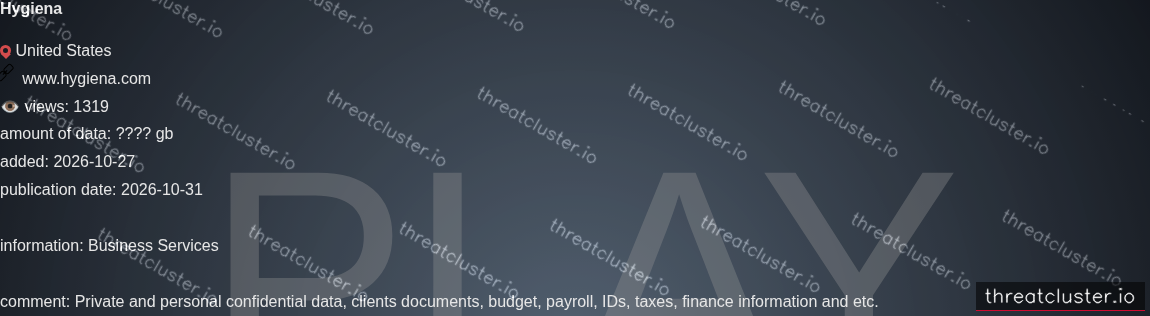 Leak-site post naming Hygiena, captured by ThreatCluster