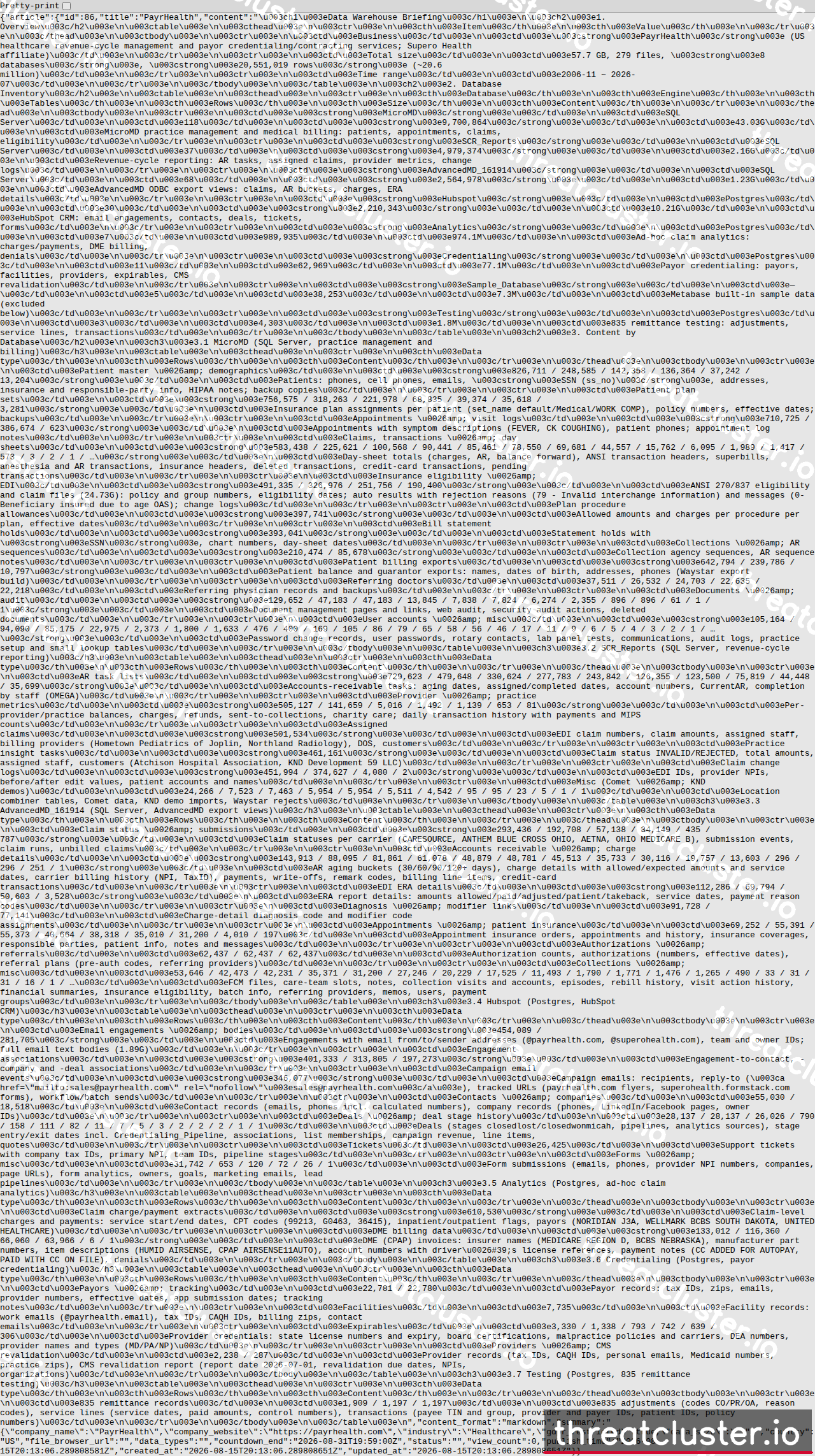 Leak-site post naming PayrHealth, captured by ThreatCluster