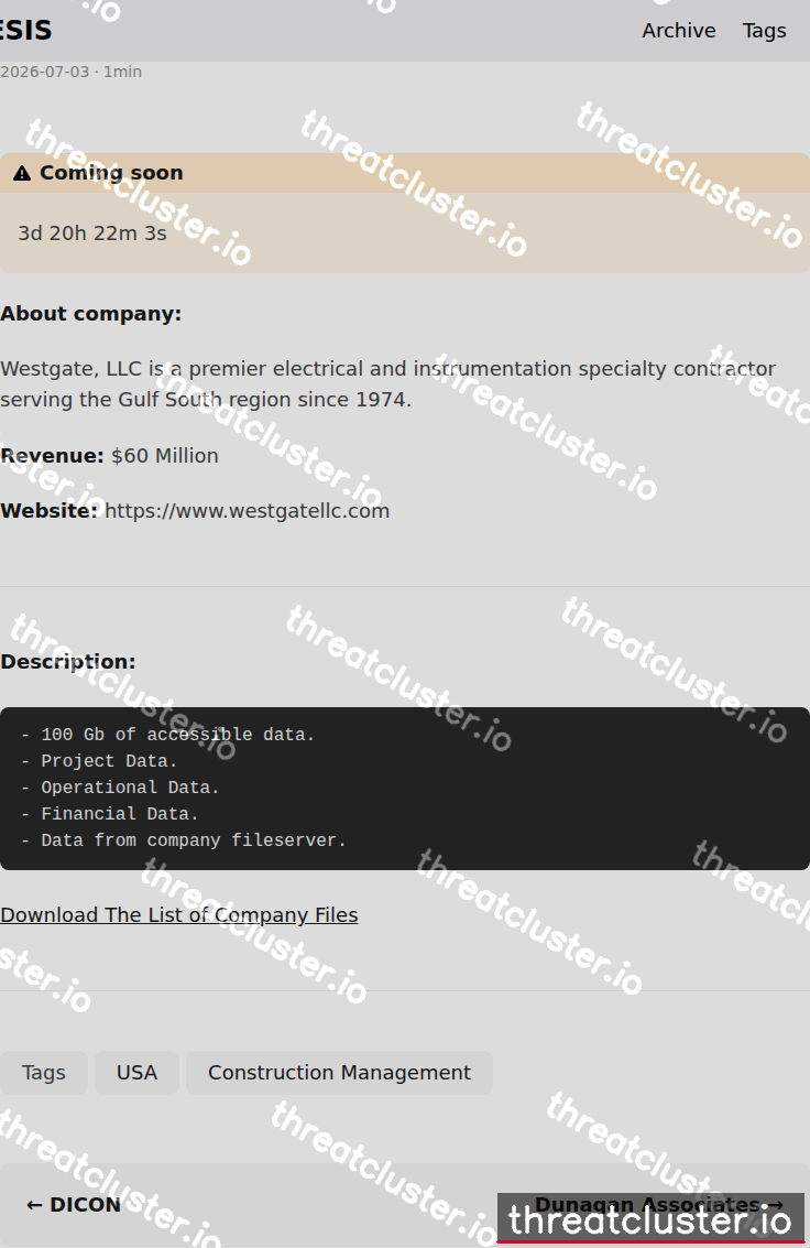 Leak-site post naming Westgate, captured by ThreatCluster