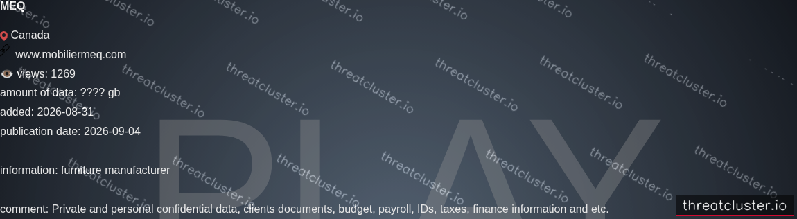 Leak-site post naming MEQ, captured by ThreatCluster