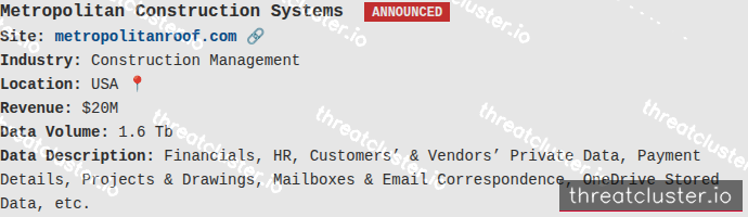Leak-site post naming Metropolitan Construction Systems, captured by ThreatCluster