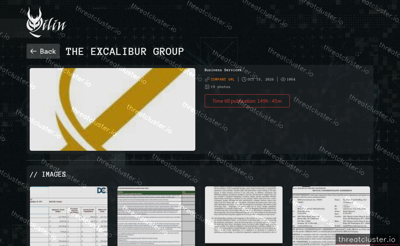 Leak-site post naming The Excalibur Group, captured by ThreatCluster