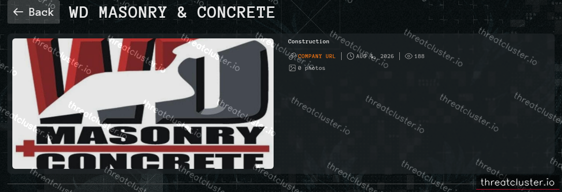 Leak-site post naming WD Masonry & Concrete, captured by ThreatCluster