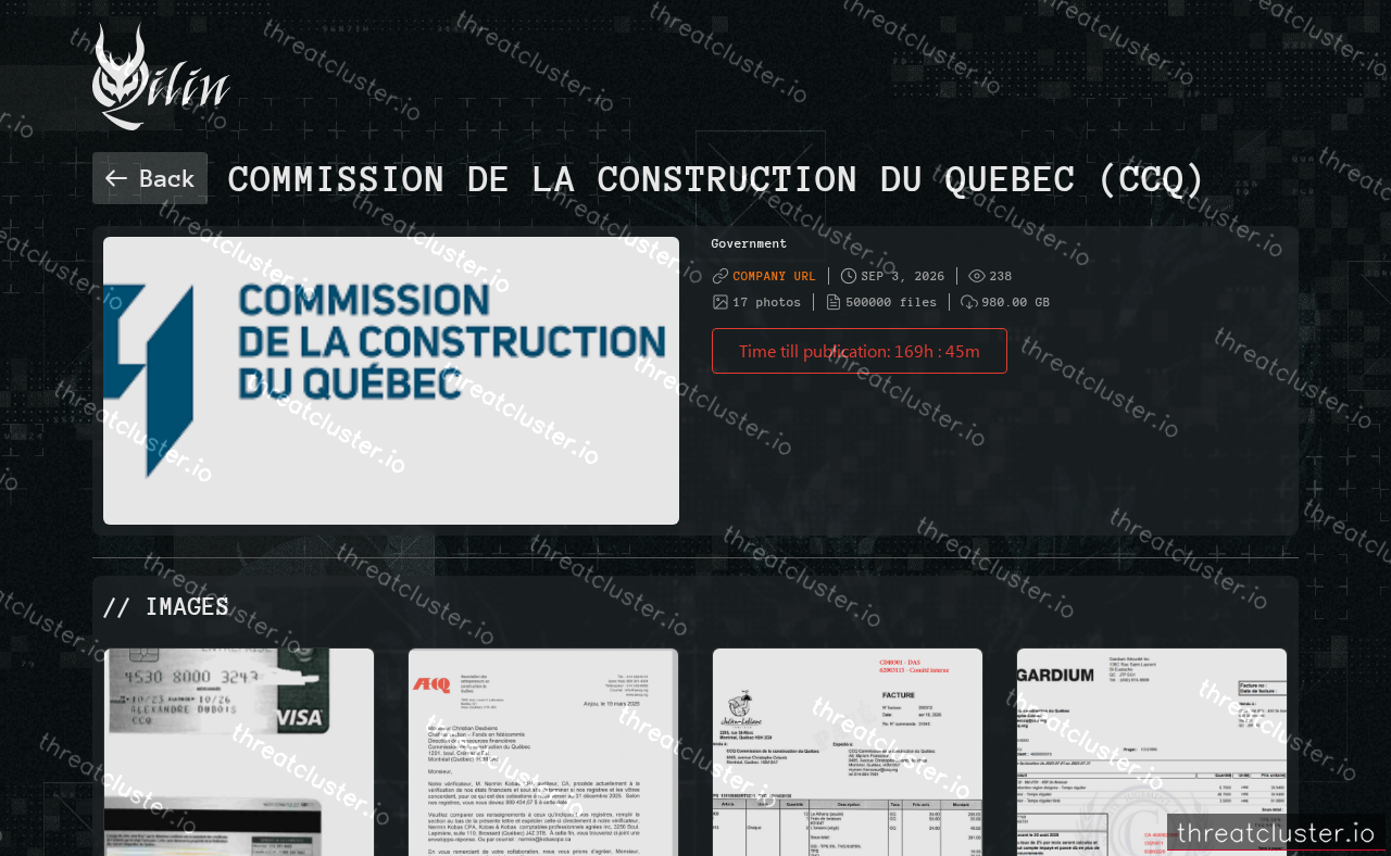 Leak-site post naming Commission de la construction du Quebec (CCQ), captured by ThreatCluster