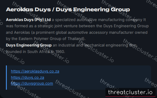 Leak-site post naming Aeroklas Duys / Duys Engineering Group, captured by ThreatCluster
