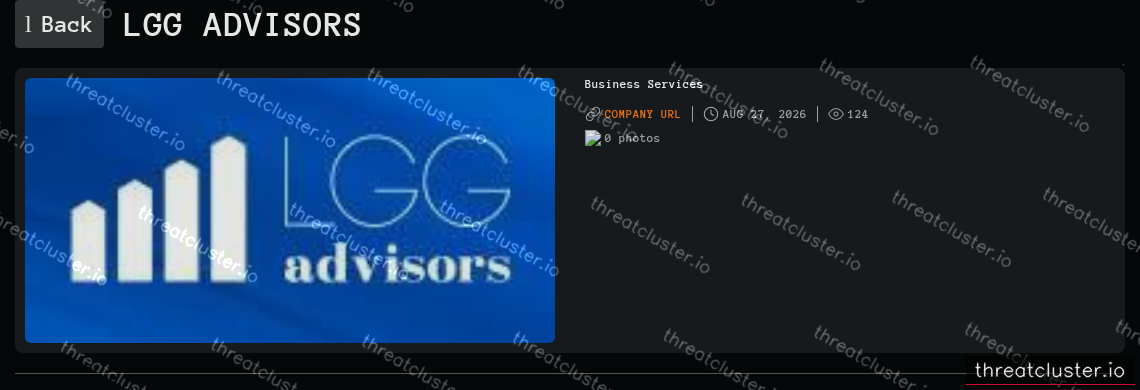 Leak-site post naming LGG Advisors, captured by ThreatCluster