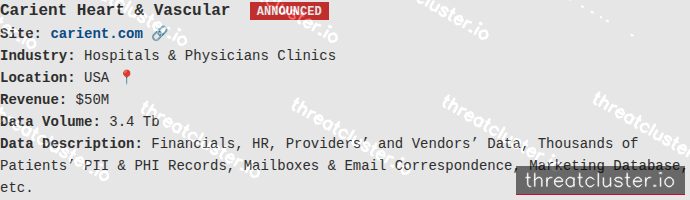 Leak-site post naming Carient Heart & Vascular, captured by ThreatCluster