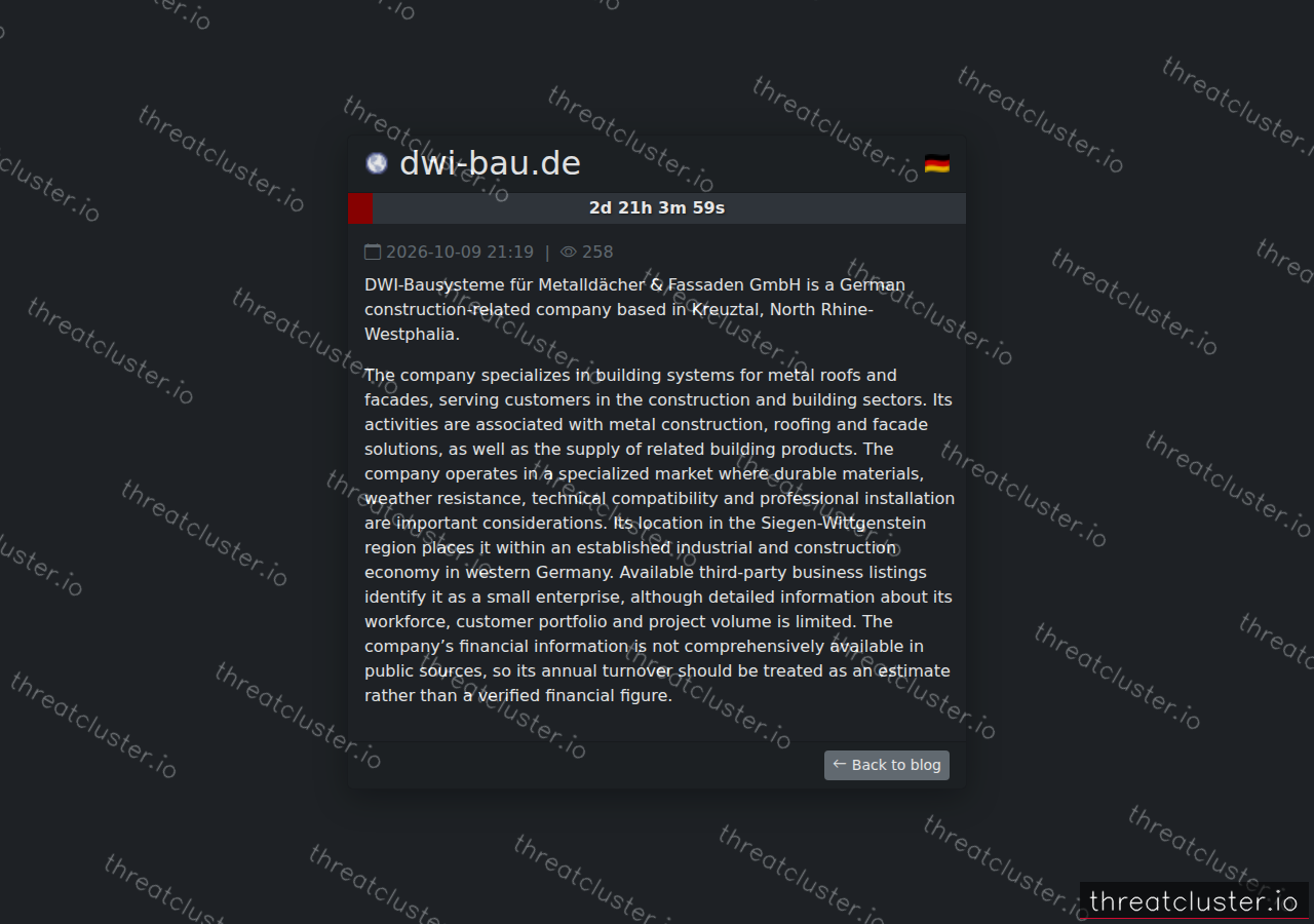 Leak-site post naming dwi-bau.de, captured by ThreatCluster