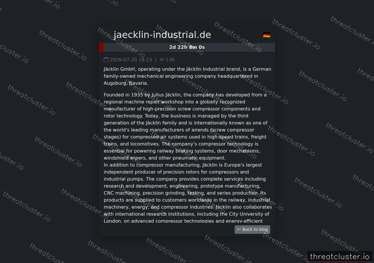 Leak-site post naming jaecklin-industrial.de, captured by ThreatCluster