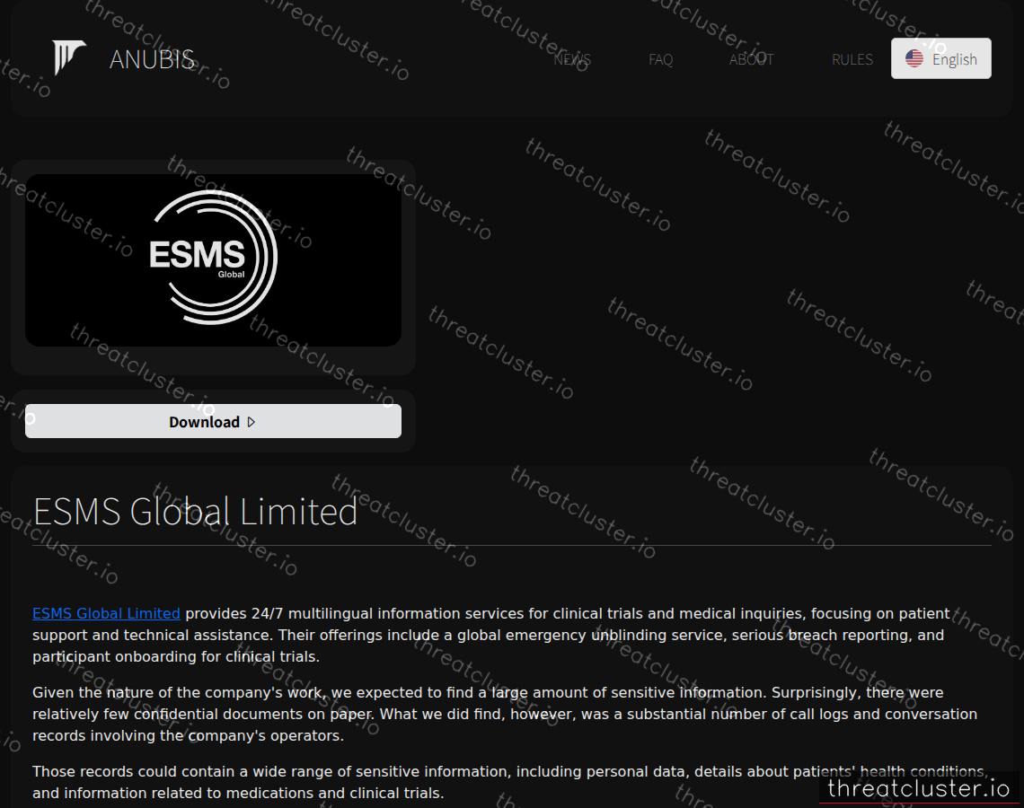Leak-site post naming ESMS Global Limited, captured by ThreatCluster