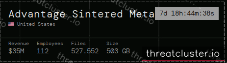 Leak-site post naming Advantage Sintered Metals, captured by ThreatCluster