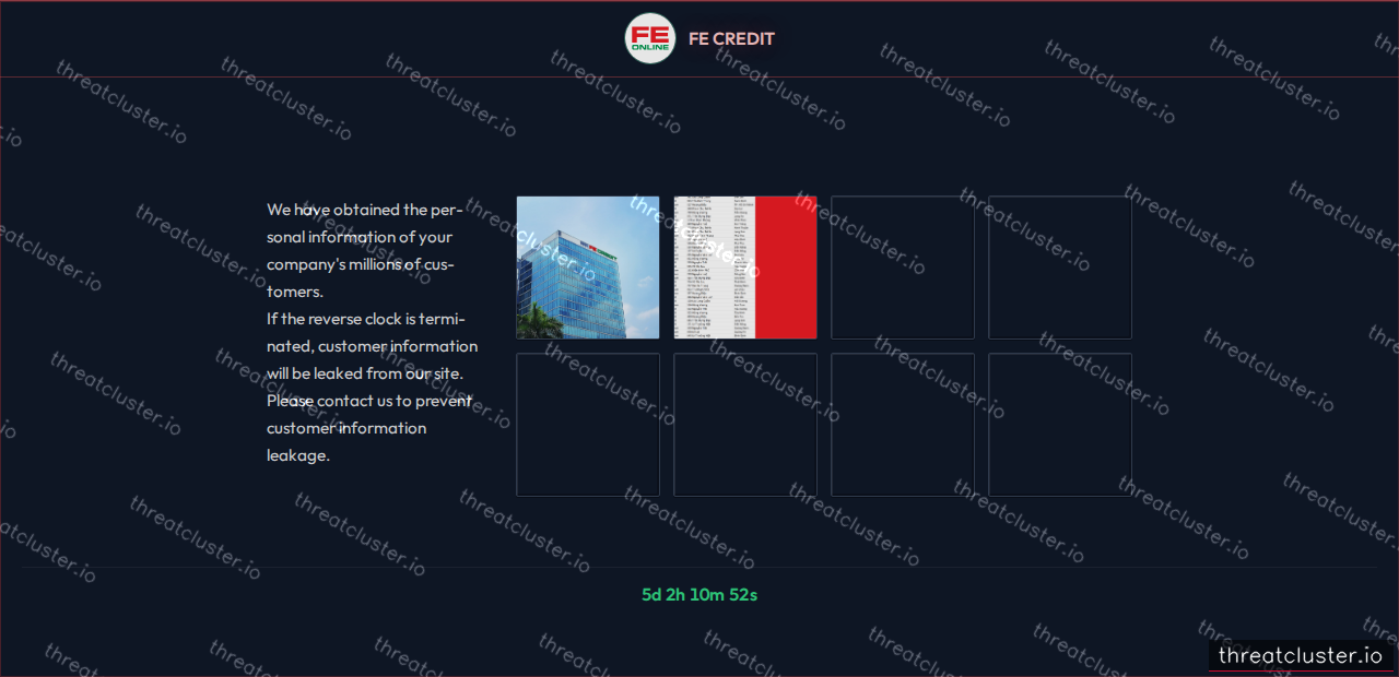 Leak-site post naming FE CREDIT, captured by ThreatCluster