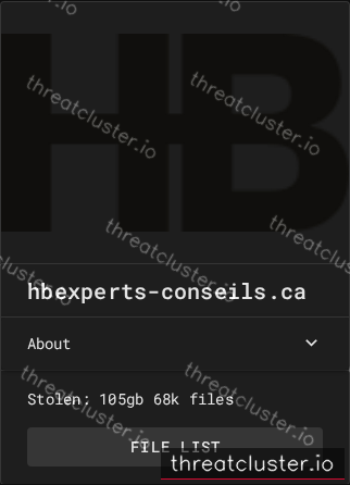 Leak-site post naming hbexperts-conseils.ca, captured by ThreatCluster