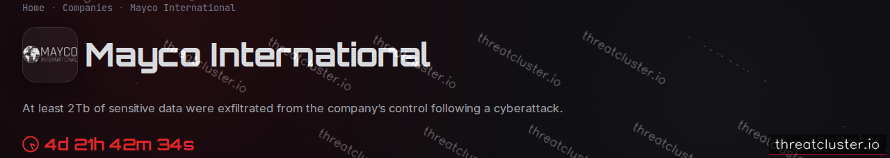 Leak-site post naming Mayco International, captured by ThreatCluster