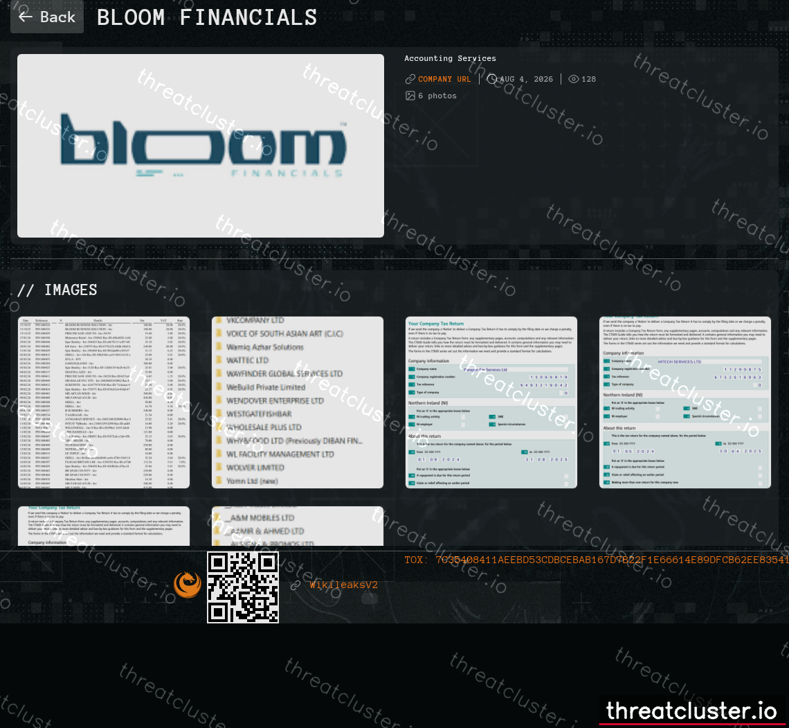 Leak-site post naming Bloom Financials, captured by ThreatCluster