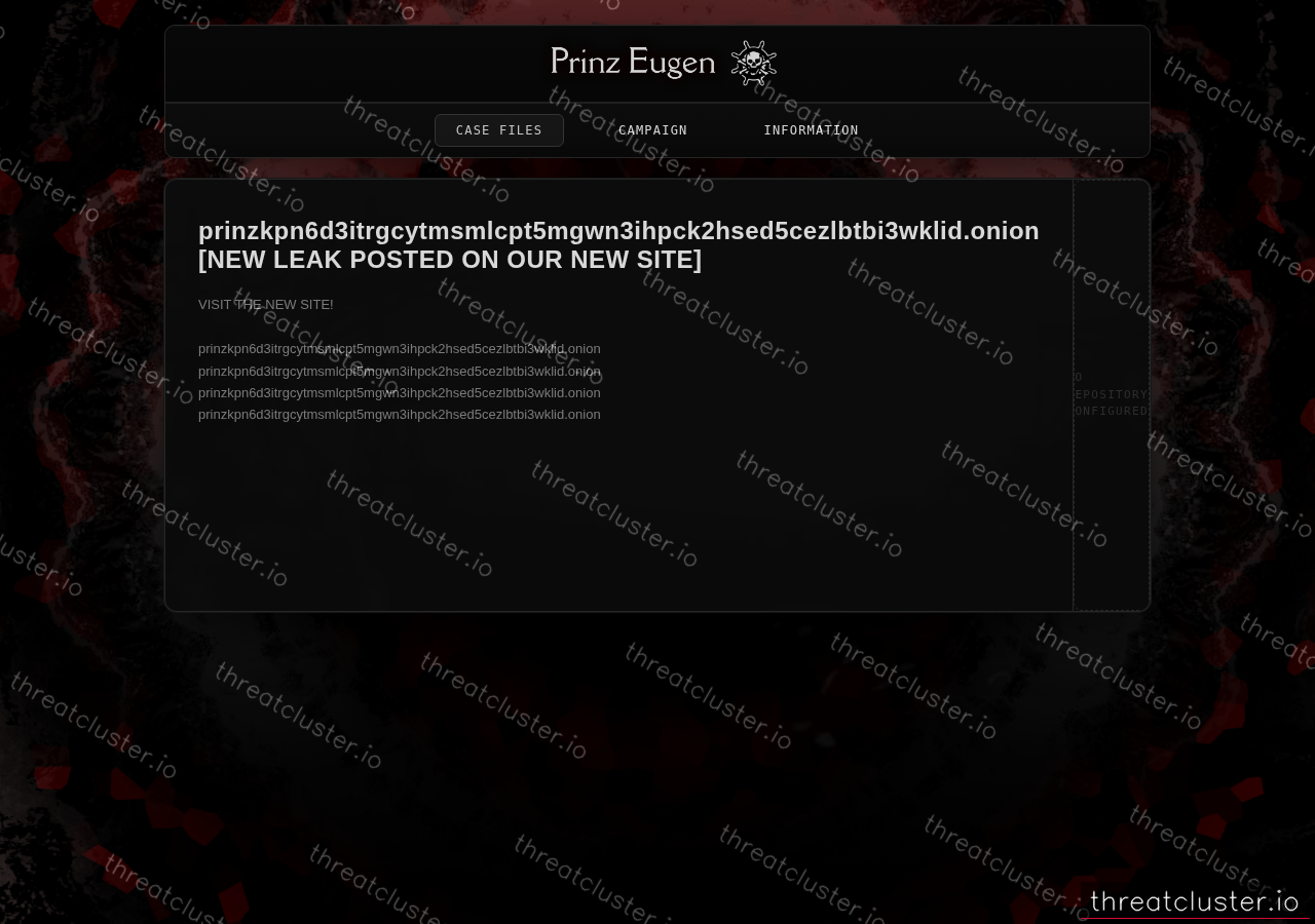 Leak-site post naming prinzkpn6d3itrgcytmsmlcpt5mgwn3ihpck2hsed5cezlbtbi3wklid.onion [NEW LEAK POSTED ON OUR NEW..., captured by ThreatCluster