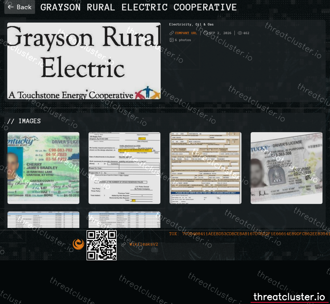 Leak-site post naming Grayson Rural Electric Cooperative, captured by ThreatCluster