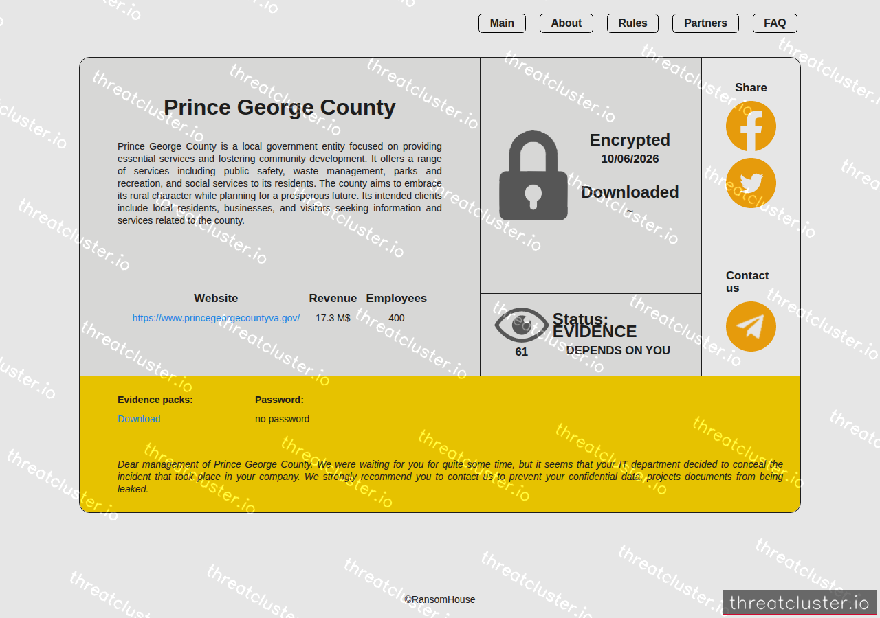 Leak-site post naming Prince George County, captured by ThreatCluster