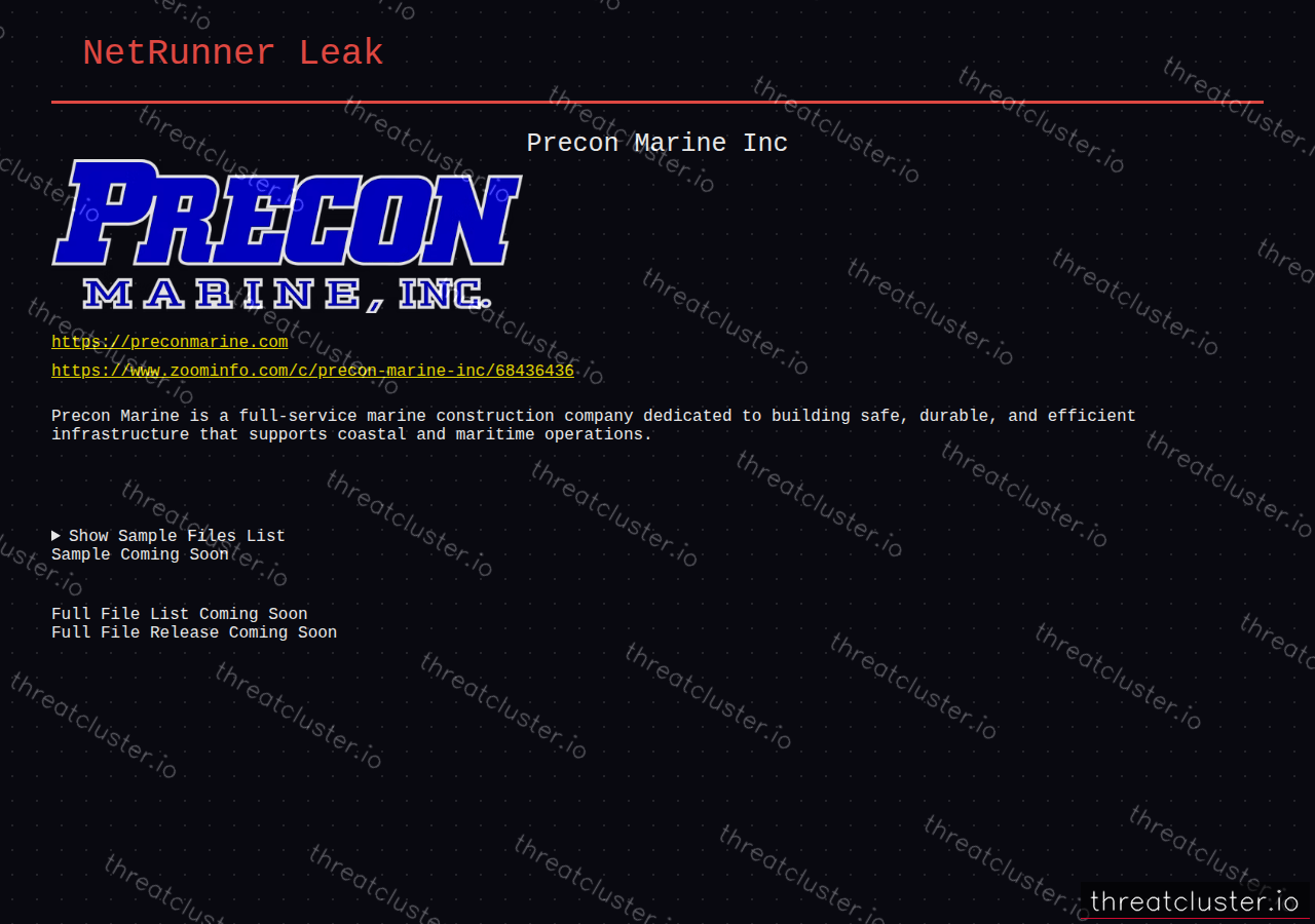 Leak-site post naming Precon Marine Inc, captured by ThreatCluster