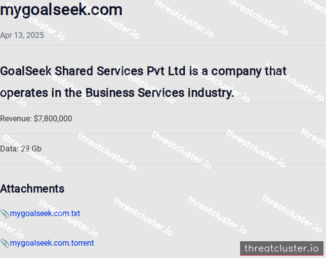 Leak-site post naming mygoalseek.com, captured by ThreatCluster
