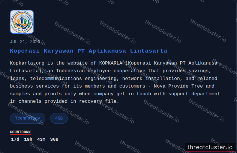 Leak-site post naming Koperasi Karyawan PT Aplikanusa Lintasarta, captured by ThreatCluster