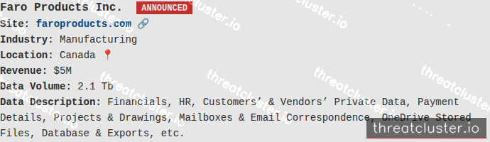 Leak-site post naming Faro Products Inc., captured by ThreatCluster