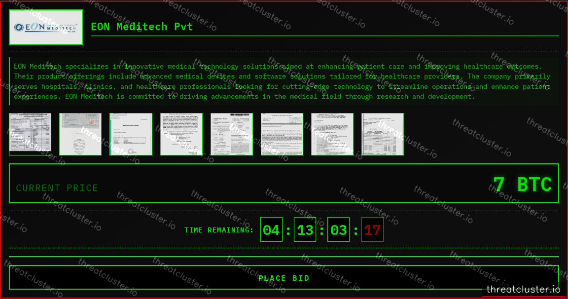 Leak-site post naming EON Meditech Pvt, captured by ThreatCluster
