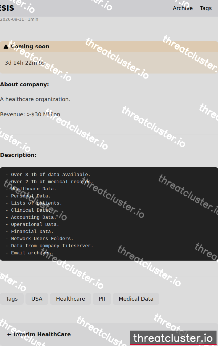 Leak-site post naming **E***, captured by ThreatCluster
