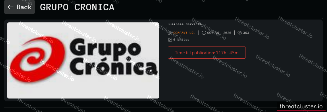 Leak-site post naming Grupo Cronica, captured by ThreatCluster