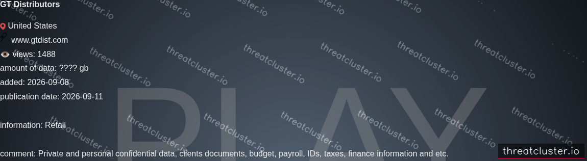 Leak-site post naming GT Distributors, captured by ThreatCluster