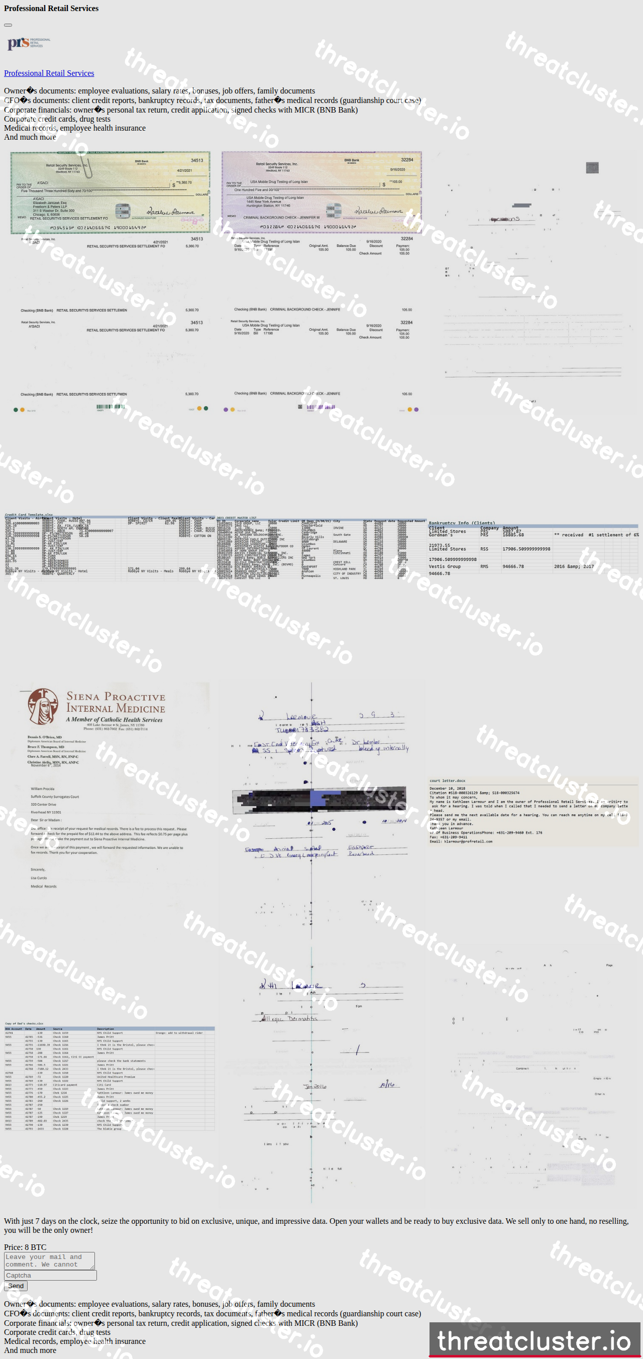 Leak-site post naming Professional Retail Services, captured by ThreatCluster